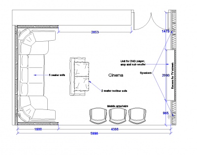 Disegno CAD di basement cinema design